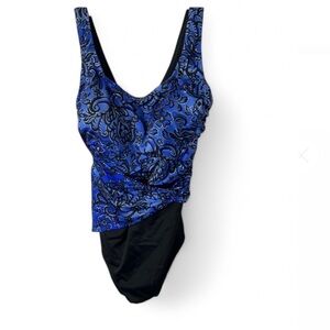 Studio Works Black blue Pleated Front  Built-in Bra 1 Pcs Swimsuit SZ 16W